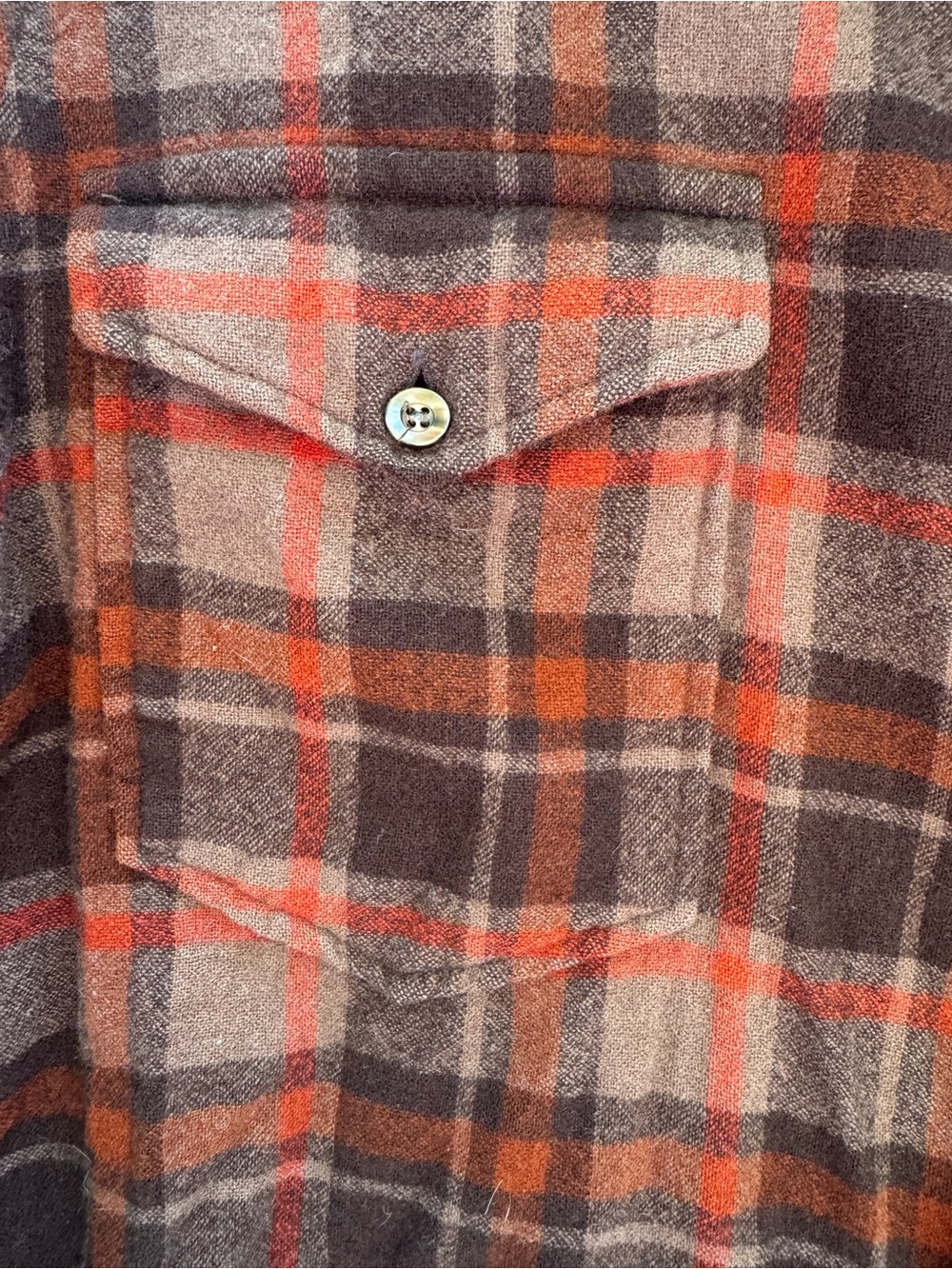 Vintage Pendleton Men's Brown & Orange Plaid Flannel Button Down Wool Shirt - Picture 9 of 12